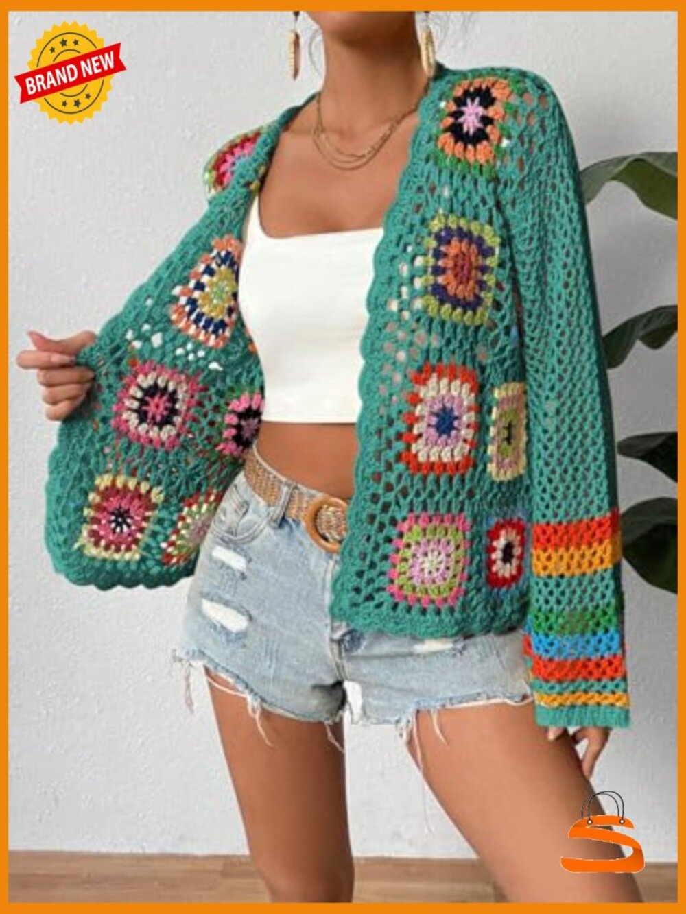 Floral Crochet Cardigan Hollow Out Open Front Long Sleeve Sweater - Picture 2 of 5